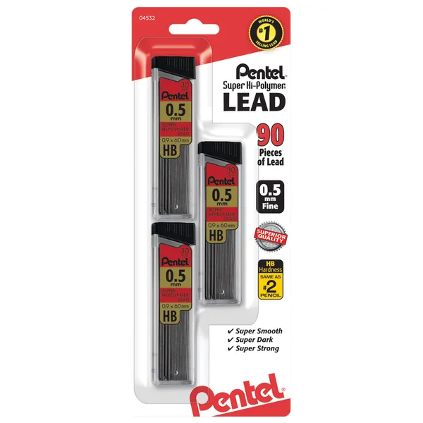 Pentel® Super Hi-Polymer® Leads, 0.5 mm, HB, 30 Leads Per Tube, Pack Of 3 Tubes - 0.5 mm Standard Packaging