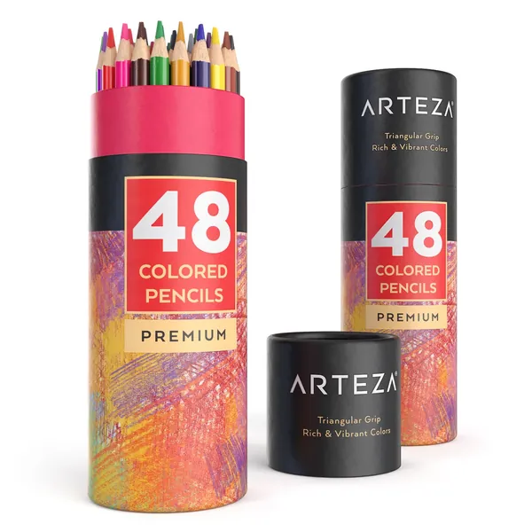 Arteza Colored Pencils, 48 Colors, Soft, Highly-Pigmented, Wax-Based Core Pencil Crayons, Art Supplies For Adults & Teens - Premium