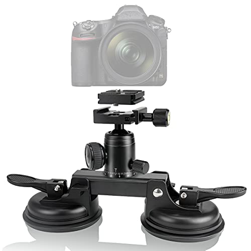 Heavy Duty 360°Ball Head DSLR/Mirorrless Camera Camcorder Dashcam Dual-Suction Cup Race Car Holder Vehicle Cab Cockpit Windscreen Window Door Mount w/Quick Release for Hi-Speed Vlogging (20 lbs Load) - Heavy Duty DSLR Camera Suction Mount