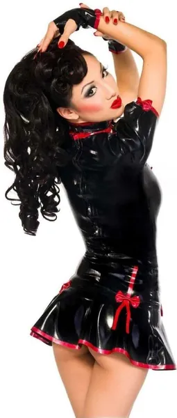 Rubber Latex Gummi Jurk Latex Rok Zwart Met Rode Bies,MULTI,L