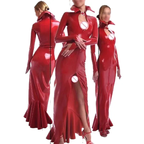 Natuurlijke latexRood Latex Spleet Jurken Volledige Mouw Zeemeermin Voor Feestkleding Gummi Vrouwen Sexy Latex Jurk