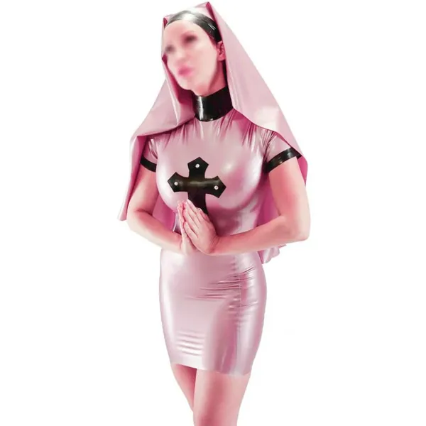 MesKeL Metallic roze en zwart sexy latexjurk met nonnen habit hoofddeksel kruisklinknagels ritssluiting rug rubber uniform playsuit