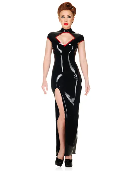 Natuurlijke Latex Jurk Dames Rok Zwarte Lange Jurk Korte Mouw Spleet Handgemaakt Custom