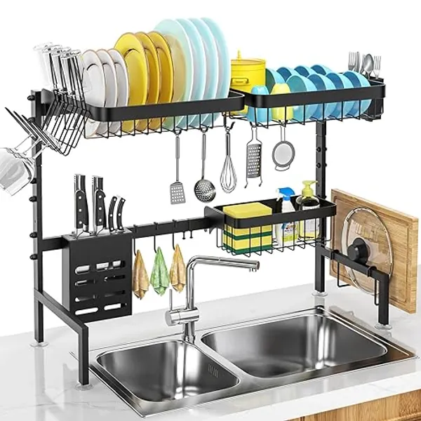 MERRYBOX Over The Sink Dish Drying Rack, 2-Tier Adjustable Length (25.6-33.5in), Stainless Steel Dish Drainer with Cutting Board Holder, Large Dish Rack for Kitchen Counter Organizer Space Saver - White, Height: 20.7-24.1in, Length: 25.6-33.5in