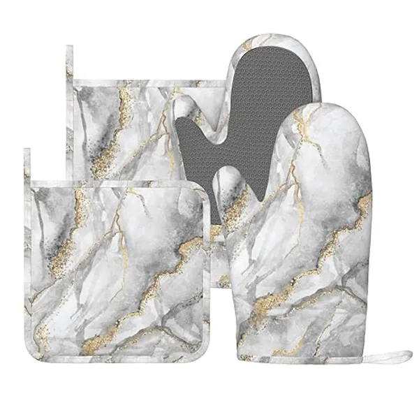 Marble Gold Gray Fashion Oven Mitts and Pot Holders Sets of 4, Heat Resistant Silicone Oven Mittens and Potholders Gloves Hot Pads for Kitchen Cooking Baking Grilling BBQ Chef - Marble Gold Gray Fashion