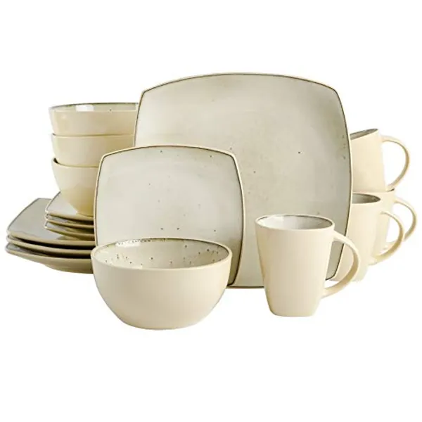 Gibson Soho Lounge Square Reactive Glaze Stoneware Dinnerware Set, Service for 4 (16pcs), Speckled Taupe - Service for 4 (16pcs) - Speckled Taupe