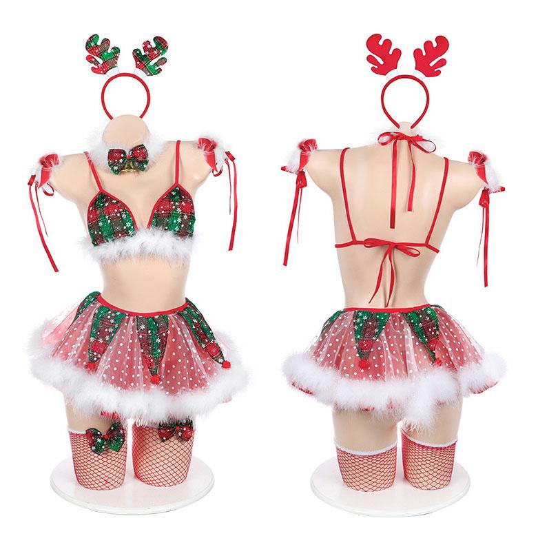 Christmas Reindeer Fluff Lingerie | Red & Green / S