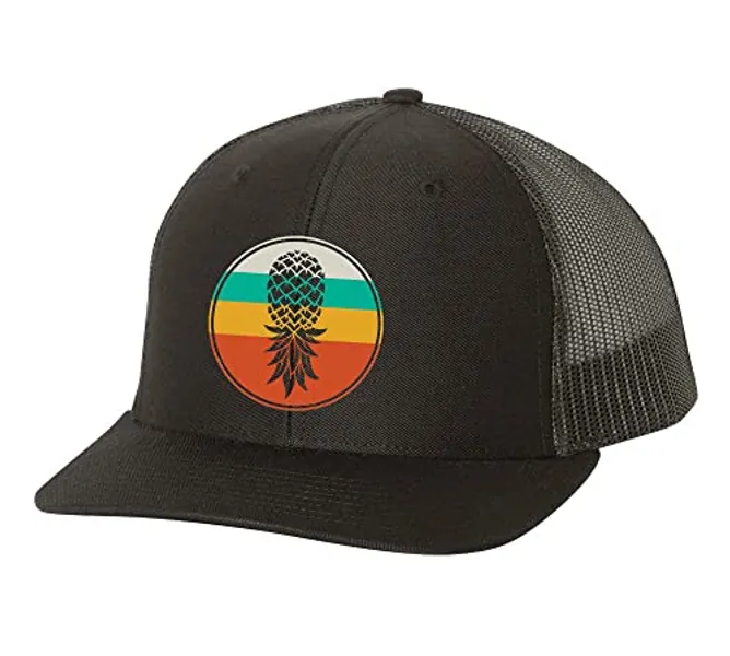 Trenz Shirt Company Men's Retro Circle Upside Down Pineapple Embroidered Mesh Back Trucker Hat Baseball Cap - One Size-X-Large - Black/Black