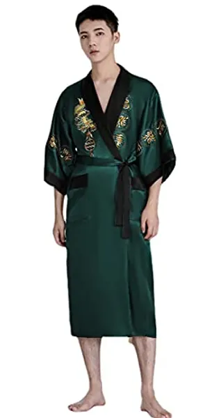EXPOING Robe for Men Dragon Embroidered Silk Satin Yukata Pajamas Kimono Bathrobe Sleepwear Night Gown - Green - One Size
