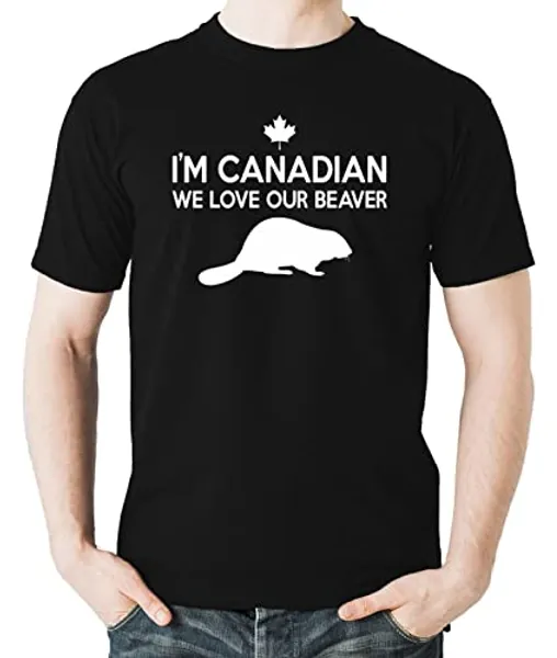 Witty Fashions I am Canadian We Love Our Beaver - Funny Canada Day Flag - 1st July - Novelty Mens T-Shirt - Medium - Black