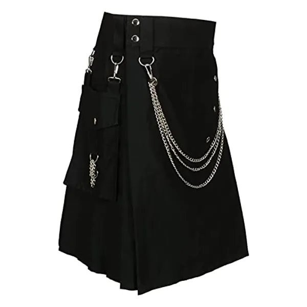 Scottish Utility Kilt for Men Vintage Scotland Highland Pleated Skirt Plus Size Gothic Traditional Skirt Cosplay Costume - Medium - C# Black