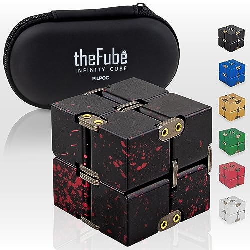 PILPOC theFube Infinity Cube Fidget Desk Toy - Aluminum Infinite Magic Cube with Case, Sturdy, Heavy, Relieve Stress and Anxiety, for ADD, ADHD, OCD (Black Red) - Black and Red