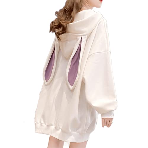 Women's Kawaii Bunny Ear Hoodie Rabbit Cute Aesthetics Oversized Japanese Hooded Sweatshirt Harajuku Casual Hoodies - Large - White