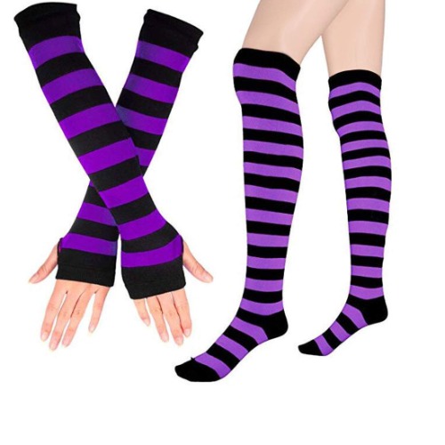 Womens Rainbow Stripe Knee Thigh High Socks Arm Warmer Fingerless Gloves