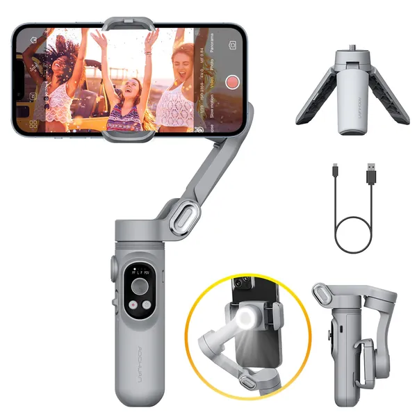 Gimbal Stabilizer for Smartphone w/ LED Light Face Tracking Auto-Inception Time-Lapse, Handheld Foldable 3-Axis Phone Gimble for iPhone 13 12 11 Pro/Max/Xs Galaxy S21, YouTube TikTok- AOCHUAN Smart X -