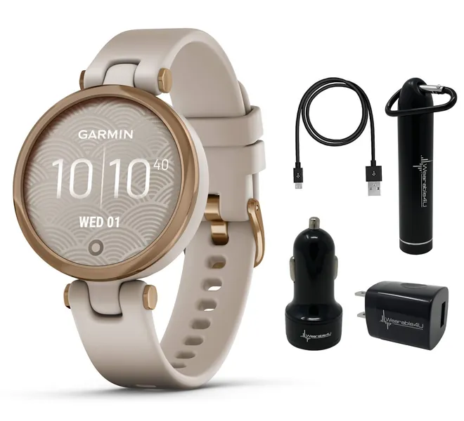 Garmin Lily Womenโs Fitness Sport Smartwatch with Wearable4U Power Pack Bundle (Rose Gold Bezel with Light Sand Silicone Band) - Rose Gold + Power Pack