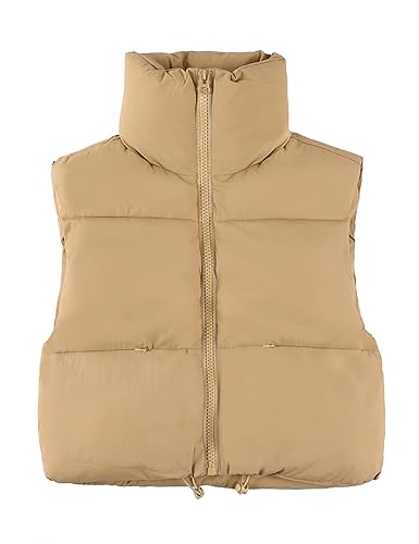 UANEO Cropped Puffer Vest Women Zip Up Stand Collar Sleeveless Padded Crop Puffy Vests - Medium - Khaki