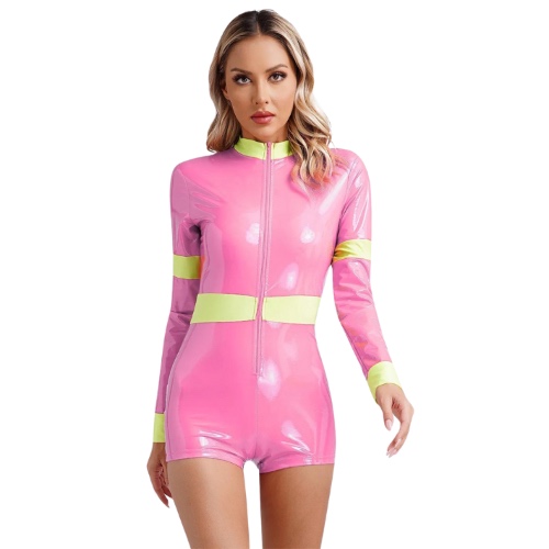 Femme Fire Captain Shiny Latex Costume | Pink / S
