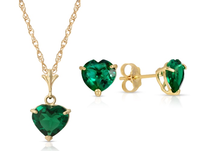 Galaxy Gold GG 14K Solid Yellow Gold Lab Grown Heart Emerald Necklace and Earring Set Grade AAA - 18.0 Inches