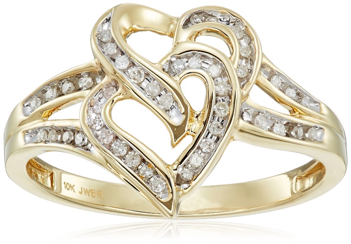 Amazon Collection 10K Yellow Gold Diamond Two Hearts Ring (1/10 cttw) - 7