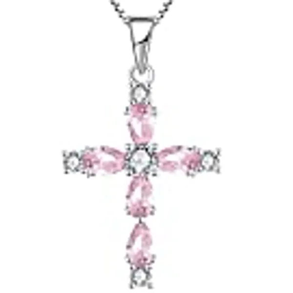 YL Gemstone Cross Necklace 925 Sterling Silver Created Sapphire/Ruby/Emerald/Amethyst Religious Pendant 18K White Gold Jewelry