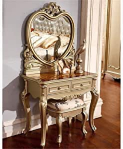 LLNN Simple and Stylish Makeup Vanity Set for Bedroom, 2 in 1 Makeup Vanity Desk Bedroom Furniture Solid Wood Dressing Table European Champagne Gold Stool, Villa Furniture