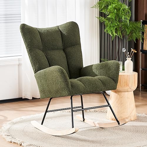 Wrofly Rocking Chair for Nursery, Modern Sherpa Glider Rocker with High Backrest Armchair, Comfy Upholstered Accent Reading Chair for Nursery Living Room Bedroom Office (Green) - Green-teddy