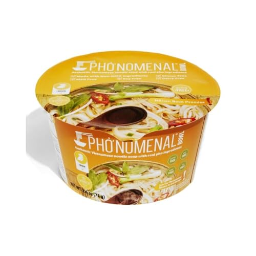 Pho'nomenal Restaurant Quality Style On-the-go Vietnamese Beef - bo, Chicken - ga, Vegetable-chay Instant Noodle Soup| Pho' Noodles, Gluten Free, and Soup Bowls (6 Bowl in a Pack, Chicken) - Chicken - 0.35 Fl Oz (Pack of 6)