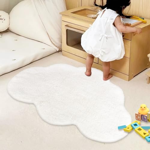 Area Rugs for Kids, Cloud Shape Baby Crawling Carpet, Nursery Room Soft Pure Cotton Luxury Plush Handmade Knitted Decoration Rug 40"×26" - White