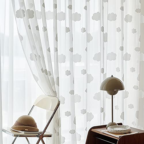 White 3D Cloud Sheer Curtains for Girls Bedroom Light Filtering Drape Cute Embossed Cloud Pom Pom Curtains Farmhouse Rod Pocket Elegant Embroidered Translucent Voile Window Treatment 1 Panel 39Wx84L - White Clouds Sheer - 39Wx84L inch