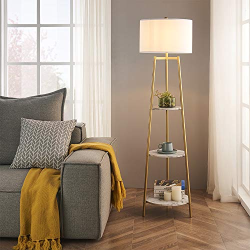 ROSEN GARDEN Floor Lamp, Standing Reading Light with Faux Marble Shelves and Fabric Shade, Modern Tall Pole, Accent Furniture Décor Lighting for Living Room, Bedrooms - Gold