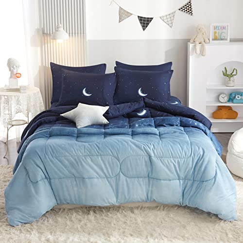 HYPREST Bed in A Bag Queen Comforter Set with Sheets - 7 Pieces Queen Teen Comforter Sets for Girls Boys, Monn Star Blue Bedding Comforter Sets Super Soft Lightweight Breathable(Oeko-Tex Certified) - Moon (With Sheets) - Queen