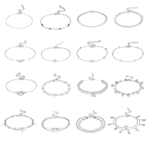 PATISORNA 16Pcs Ankle Bracelets for Women Beach Layered Chain Anklet Set Boho Anklets Adjustable Foot Jewelry - Silver Tone