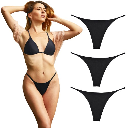 KUKU PANDA Cotton Thongs for Women Sexy Seamless Woman G String Panties 3 Pack Set… - black Medium