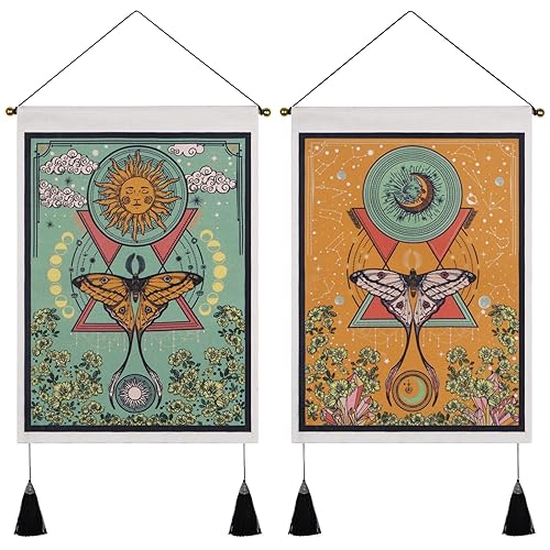 Pack of 2 Tapestry Sun and Moon Tapestry Moth Tapestries Orange and Green Tapestry Flower Vine Tapestry Wall Hanging for Room (13.8 x 19.7 inches) - Orange and Green