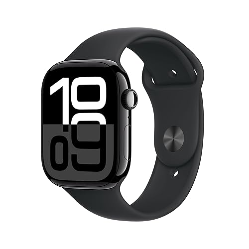 Apple Watch Series 10 (GPS 46 mm) Smartwatch mit Aluminiumgehäuse in Diamantschwarz und Sportarmband in Schwarz (M/L). Fitnesstracker, EKG App, Always-On Retina Display, Wasserschutz - Sportarmband - 46 mm Gehäuse - Diamantschwarz/Schwarz - M/L - für 160-210 mm Umfang