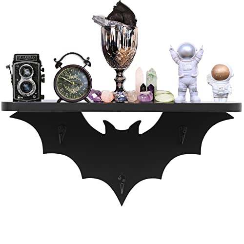 HZYSLYJ Bat Shelf Floating Black Wall Shelves for Bedroom-Halloween Wall Decor, Goth Room Decor-Black Hanging Shelves with 3 Key Hooks