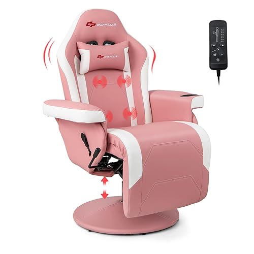 Goplus Gaming Chair, Height Adjustable Massage Video Game Chair with Retractable Footrest, Cup Holder, Headrest, Swivel Office Chair, Racing Style Swivel Gamer Chair - Pink - Height Adjustable