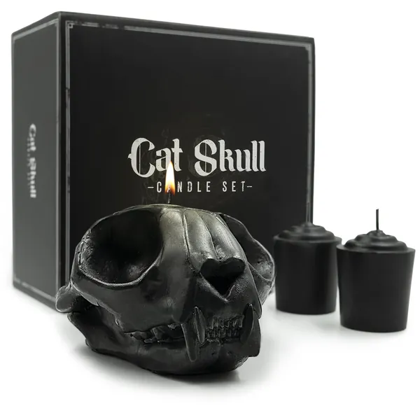 GAVIA Cat Skull Candle Set - Scented 3 Pack - Gothic Decor for Bedroom - Goth Decor Home - Spooky Gifts - Skull Decor - Skeleton Decor - Spooky Decor - Black Cat Decor for Home - Coffin Decor Match