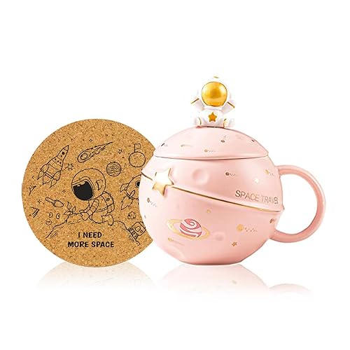 Yalucky Kawaii Astronaut Cup Space Embossed Planet Mug, Cute Ceramic Coffee Mug, Novelty Mug with Lid and Spoon for Coffee, Tea, Milk, Aesthetic Room Decor Funny Gift for Girl Boy Women((Pink) - Pink