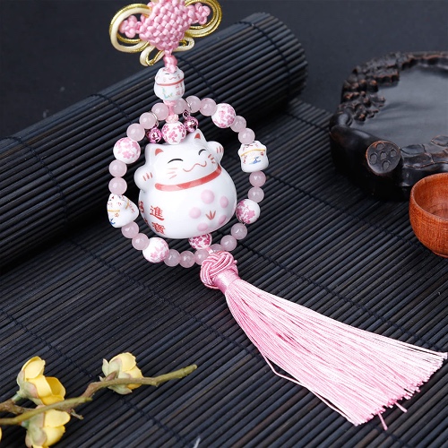 Fochutech Lucky Cute Ceramic Car Hanging Pendant Happiness Lucky Cat Interior Decoration Accessories, Cute Car Ornaments Hanging Car Charms Car Rear View Mirror Accessories for Women (Pink) - Pink