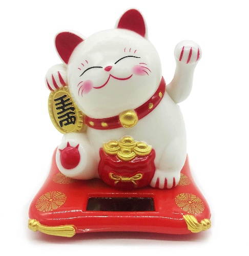 Mose Cafolo Solar Energy Powered White Maneki Neko Beckoning Lucky Money Cat for Home Office and Car décor - White-01