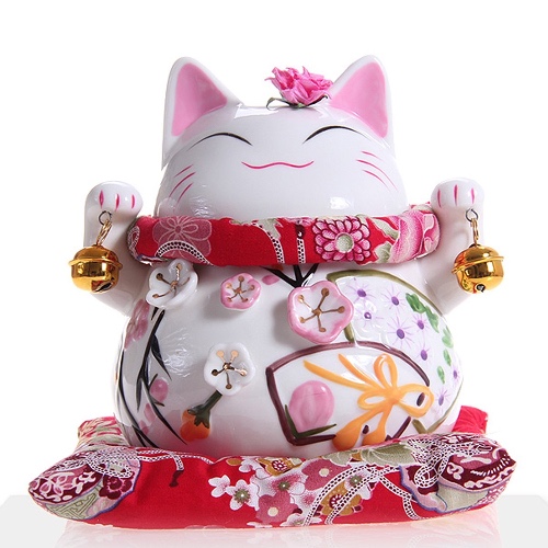 Goodwei Maneki Neko - Japanese Lucky Cat with Two Bells, Ornately Decorated Porcelain - Flower