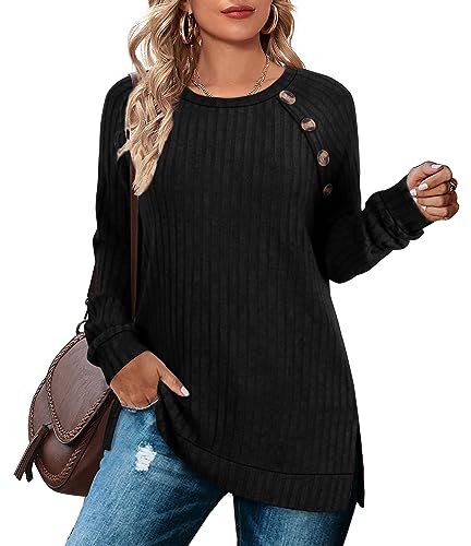 Aokosor Long Sleeve Tops Women Lightweight Jumpers Ladies Button Side Splits Tunic - L - Black