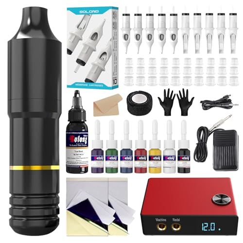 Tattoo Gun, Solong Complete Tattoo Kit Rotary Tattoo Machine for Beginners and Artists Professional Tattoo Gun Kit with Tattoo Catridges Needles and Tattoo Ink(60 Piece Set) - EK128B