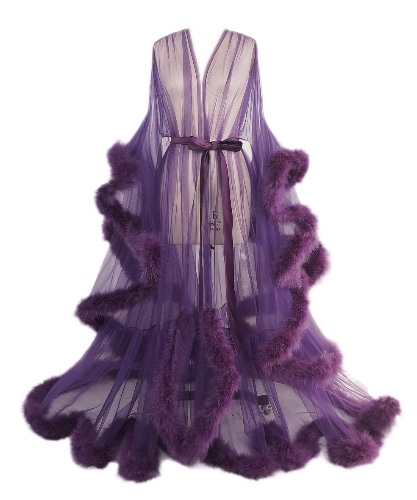 Old Hollywood Feather Robe Sexy Boudoir Robe Feather Bridal Robe Tulle Illusion Long Wedding Scarf New Custom Made - Dark Purple Medium