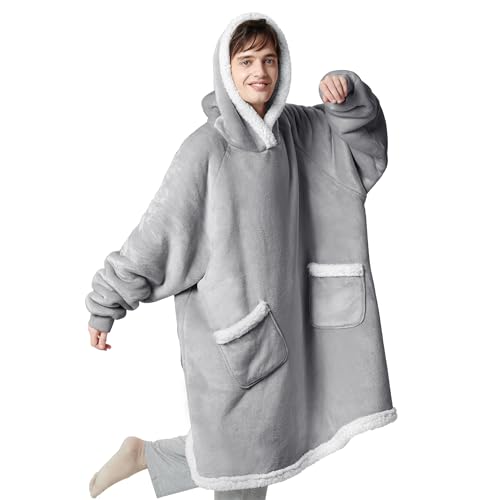 BEDSURE Hoodie Decke mit Ärmeln und Kapuze - Kuscheldecke mit Ärmeln Sherpa, Kuschelpullover Damen Sweatshirt als Geschenke für Frauen - Oversize - Einfarbig - Grau