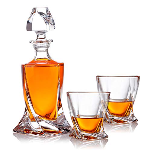 3-tlg Karaffe Gläser Whisky-Set - Geschenkset aus Glas - Whiskey Dekanter 800ml mit 2 Whiskygläser 300ml für Rum, Scotch, Cognac - Geschenk-Idee für Männer - mit Geschenkbox - 1 Flasche + 2 Gläser