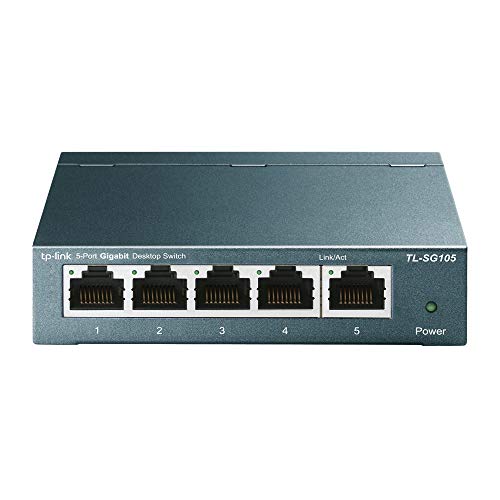 TP-Link TL-SG105 5-Ports Gigabit Netzwerk Switch (bis 2000 MBit/s im Vollduplexmodus, geschirmte RJ-45 Ports, Metallgehäuse, optimiert Datenverkehr, IGMP-Snooping, unmanaged, lüfterlos) blau metallic - 5-Port