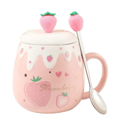Strawberry Desert Mugs with Lid and Spoon for a Kawaii Morning - Pink With Spoon